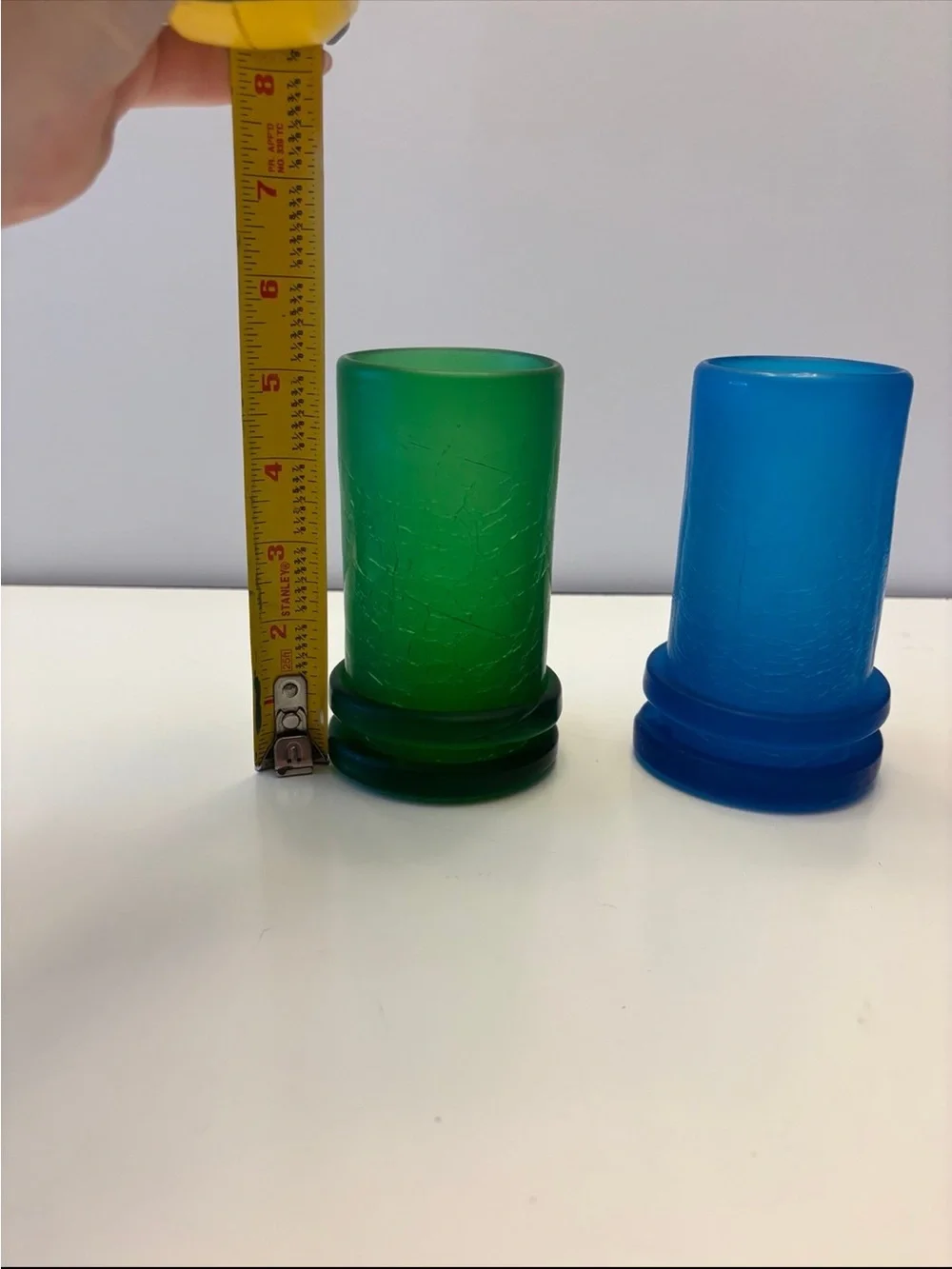 Vintage ZODAX set of blue and green glass cups or candle holders 5 1/8”